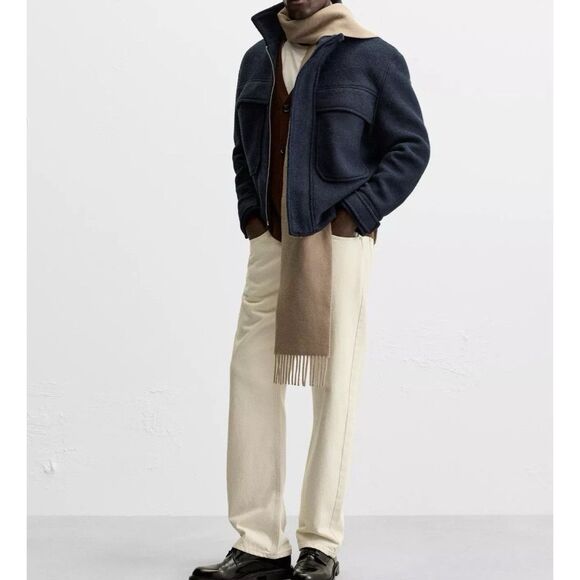 Zara Men's BOUCLÉ TEXTURED JACKET Blue Lapel Collar - Strap Cuffs Size US S New - Picture 7 of 13